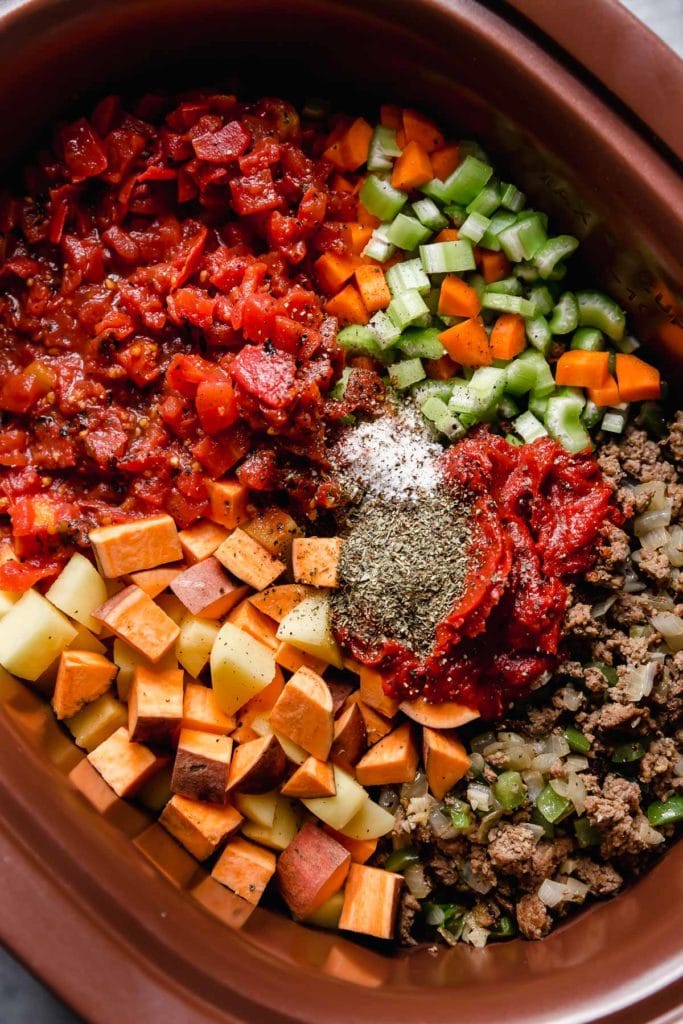 Ingredients in the slow cooker for Healthy Hamburger Soup