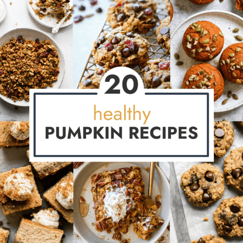 Collage of healthy pumpkin recipes (breakfast cookies, muffins, and cookies) with text overlay for header.